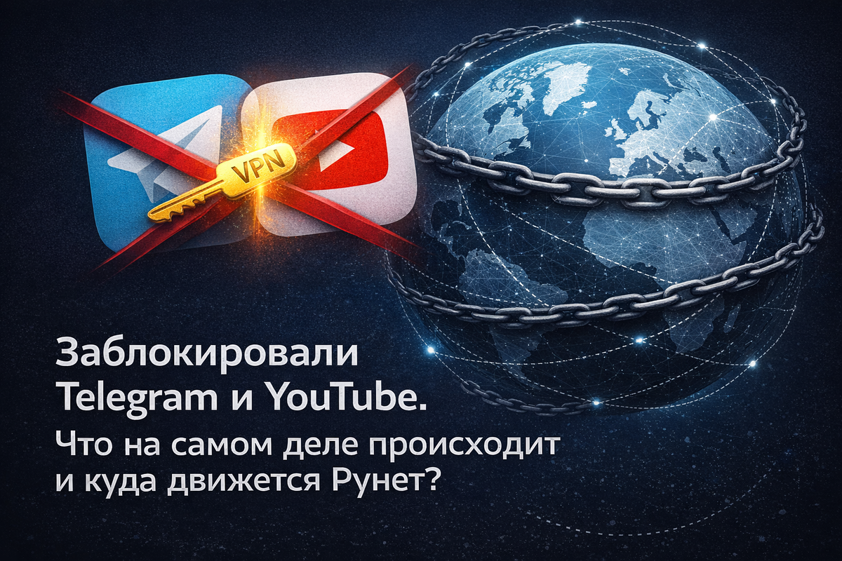 Стилизованное изображение земного шара в цепях, символизирующее разделение интернета на внутренний и внешний контур. Перечёркнутые иконки Telegram и YouTube и ключ VPN.
