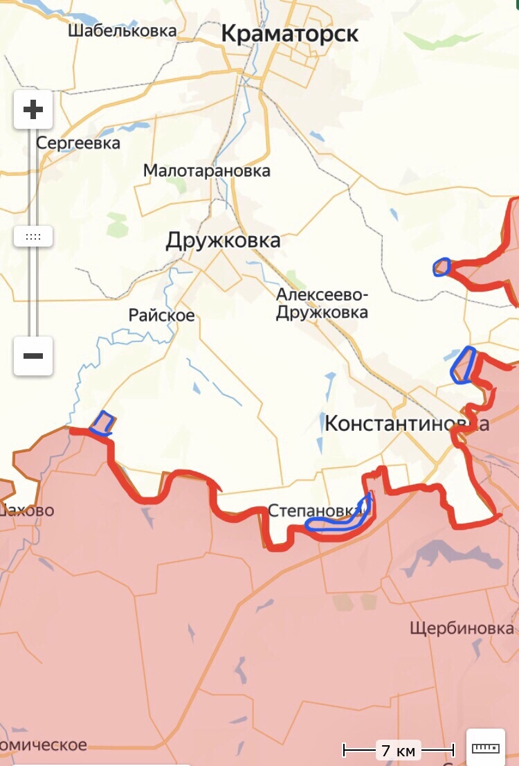 Константиновско-Дружсковское операционное направления - красная линия. Синим контуром - участки заявленного МО РФ, но не подтверждённого контроля.