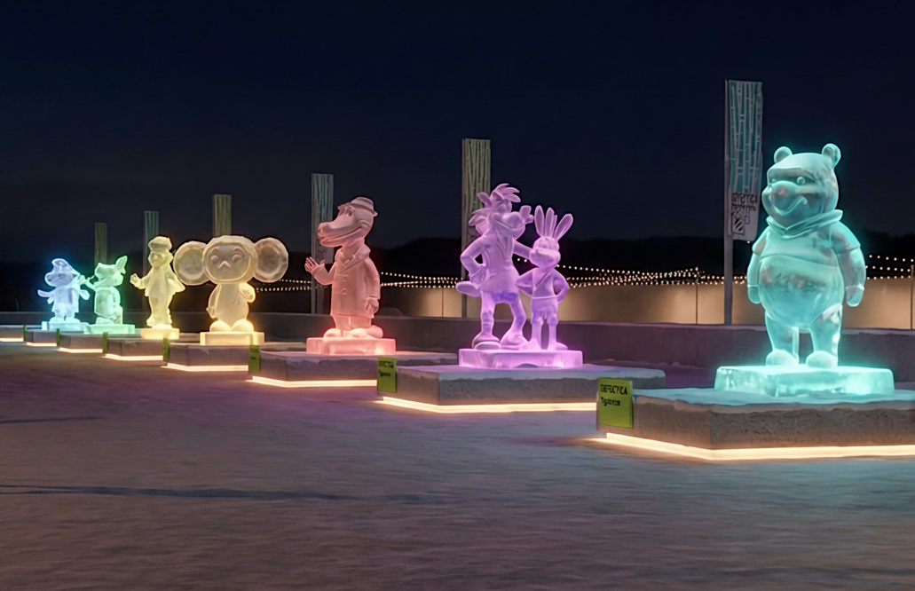 Неконкурсные ледяные арт-объекты – персонажи мультфильмов в будущем «Сайдар-парке», который позиционируется как «парк льда и света». Источник: sakhatime.ru