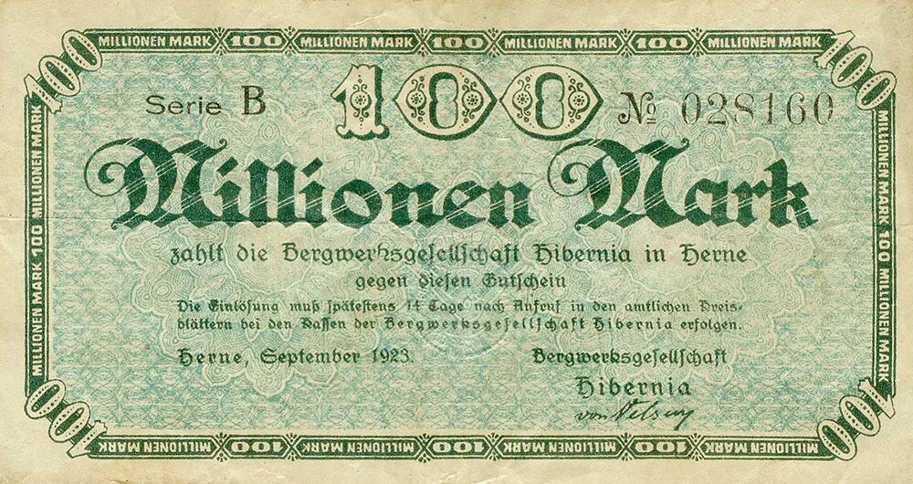 Нотгельд Херне, горнодобывающая компания "Хиберния", сентябрь 1923 года, 100 миллионов марок.