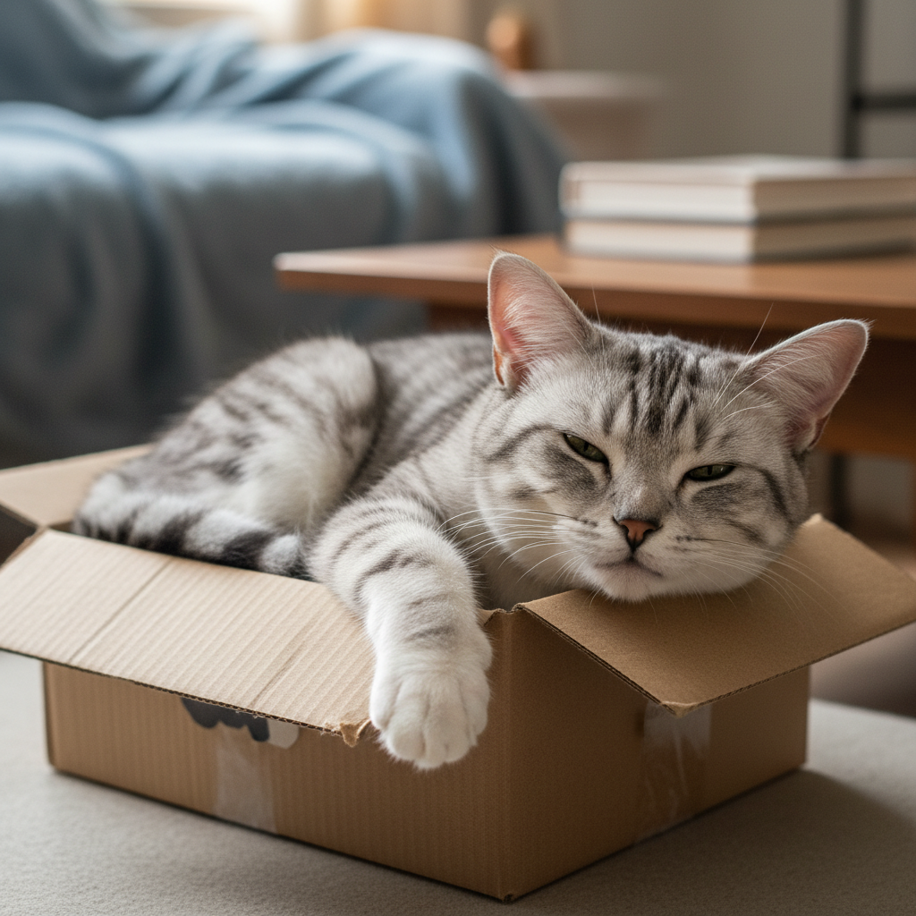 Коробка – пространство абсолютного расслабления для вашего серебристого табби.