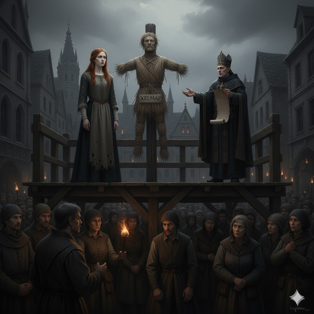 "Приговор теней: Мария перед лицом Системы", иллюстрация создана сетью Джемини