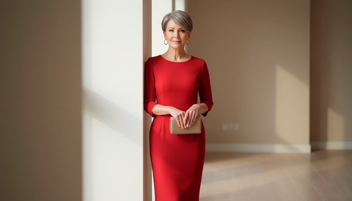 Красное платье простого кроя, закрытый верх, длина до колена. Ничего лишнего и при этом невозможно пройти мимо.