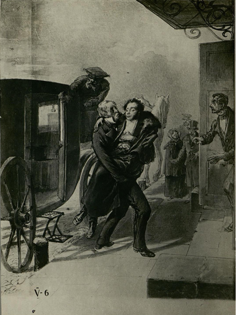 Репродукция с рисунка русского живописца Петра Федоровича Бореля "Возвращение Пушкина с дуэли" из собрания Государственного Эрмитажа.