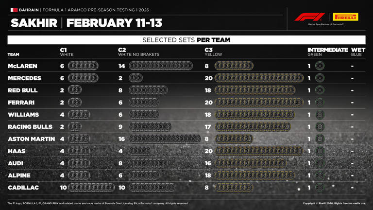 Выбранные составы шин командами для первых официальных тестов 2026 года