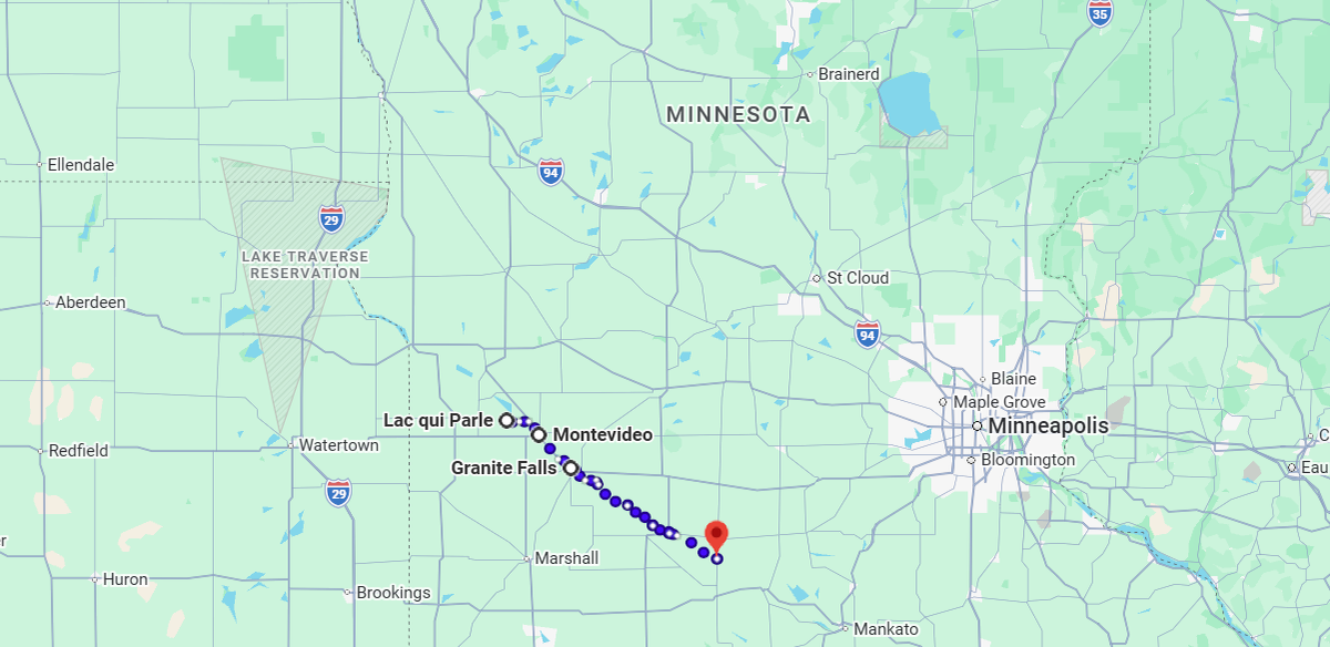 Borrowed from here: https://www.google.com/maps/dir/Granite+Falls,+Minnesota+56241,+USA/Montevideo,+Minnesota+56265,+USA/Lac+Qui+Parle,+Minnesota+56265,+USA/@45.0158617,-96.5015733,9.17z/data=!4m20!4m19!1m5!1m1!1s0x878a837c79c2a489:0x533660371a575812!2m2!1d-95.5455752!2d44.8099575!1m5!1m1!1s0x52cad642c8e68ea3:0x53cc8926c1cea6c1!2m2!1d-95.7236136!2d44.9410447!1m5!1m1!1s0x52cb2561201afe99:0x4fbfa8ecd41025e6!2m2!1d-95.9061427!2d45.000514!3e2?entry=ttu&g_ep=EgoyMDI2MDIxNy4wIKXMDSoASAFQAw%3D%3D ; thanks, Google