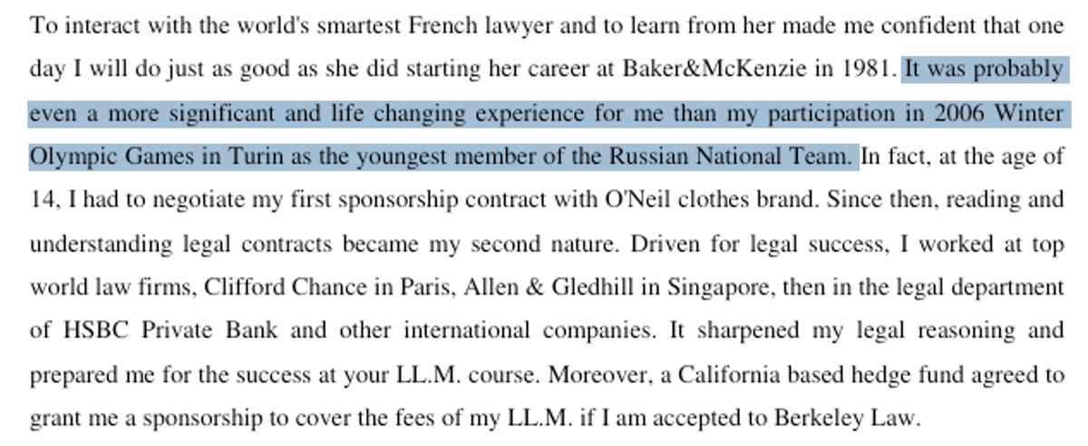 В письме-рецензии девушка упоминает о своем участии в составе сборной России в зимних Олимпийских играх 2006 года в Турине в качестве одной из самых юных сноубордисток.