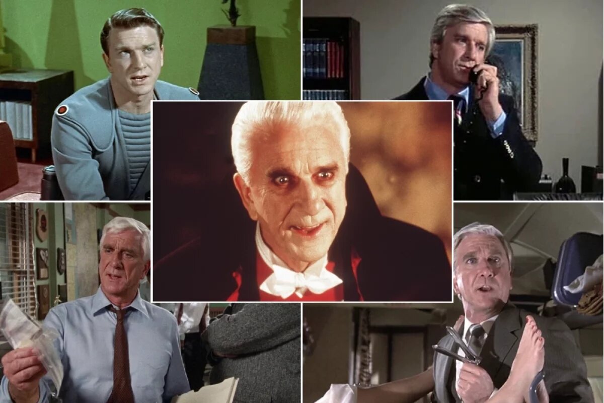    Лесли Нильсен в фильмах: «Запретная планета», «Коломбо», «Аэроплан!», «Голый пистолет», «Дракула: Мёртвый и довольный».