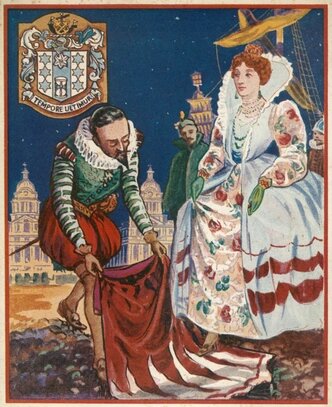 Сэр Уолтер Рэли расстилает плащ у ног королевы Елизаветы. Иллюстрация из книги «Добрая королева Бесс».1906 г.