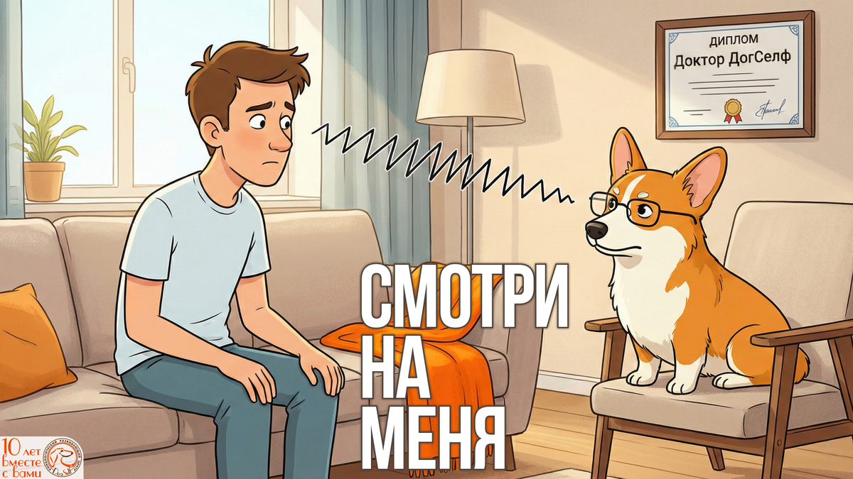 Тот самый момент, когда собака материализуется из воздуха и включает режим гипноза, пытаясь телепатически передать вам мысль о вкусняшке или прогулке. Этот молчаливый диалог знаком каждому владельцу | Иллюстрация: DogSelf