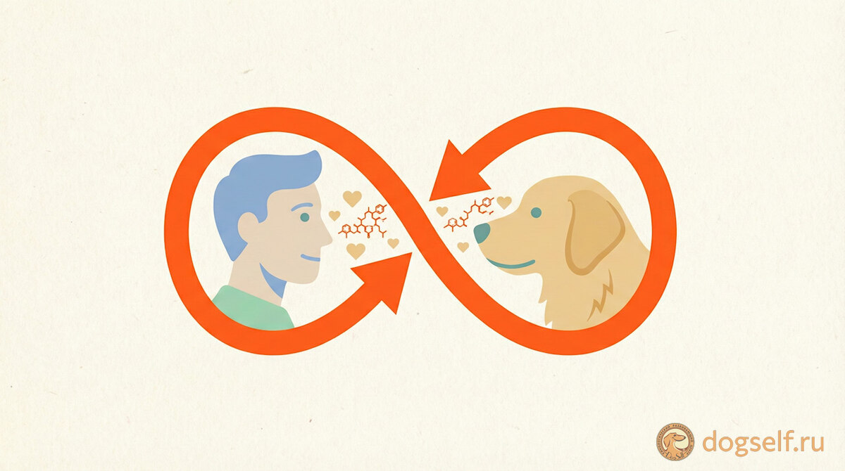 Взгляд запускает выработку гормона любви у обоих: чем дольше и спокойнее вы смотрите друг на друга, тем прочнее становится ваша биохимическая связь, формируя чувство безопасности | Иллюстрация: DogSelf