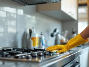    A realistic image of a modern kitchen with a stainless steel range hood. The focus is on a person wearing yellow rubber gloves, scrubbing the greasy metal filter of the hood with a sponge and soapy wa