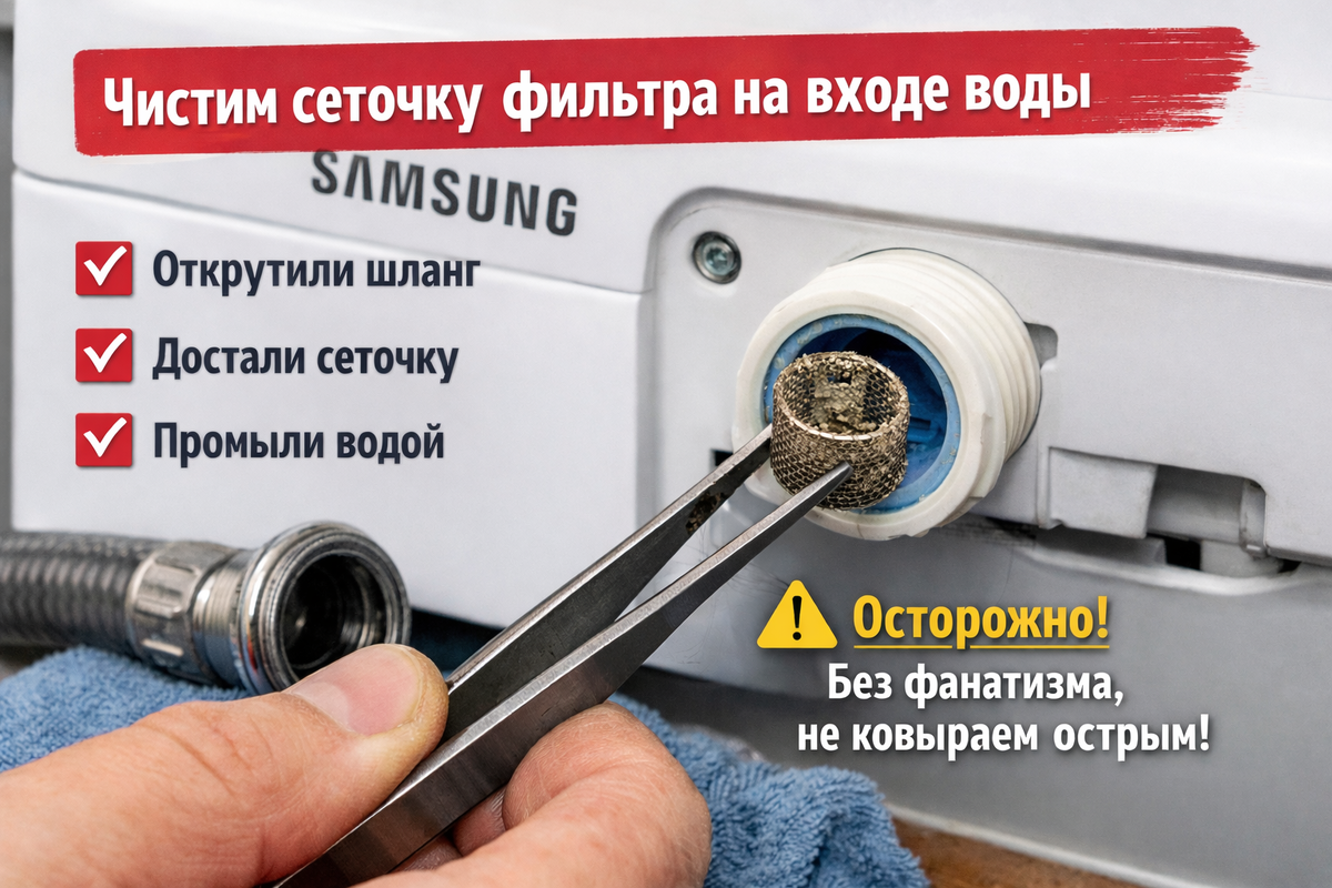 Чистка сеточки фильтра на входе воды стиральной машины Samsung