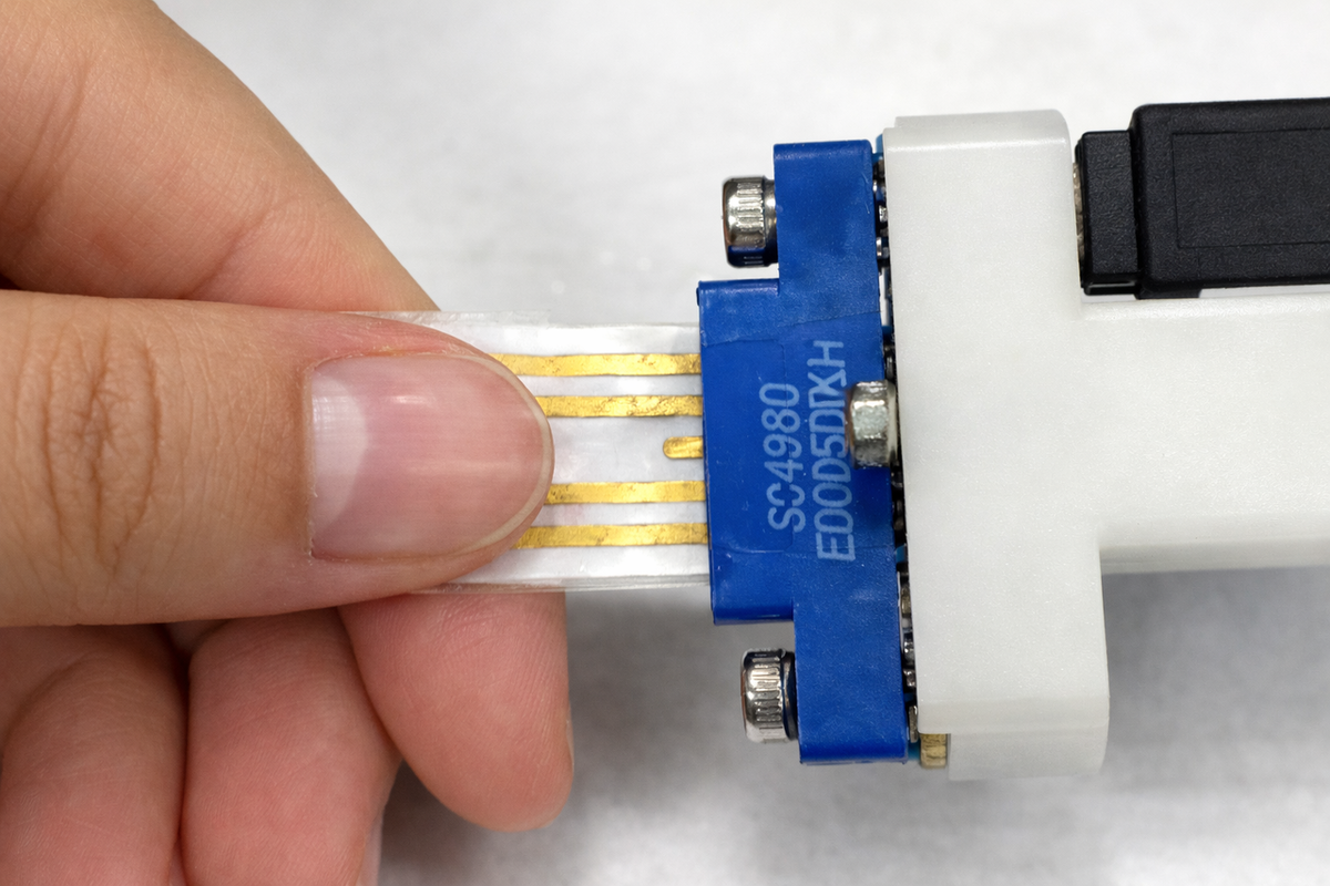 Датчик глюкозы в крови на основе пота, подключенный к электрохимическому измерительному прибору (потенциостату) [Предоставлено Корейским институтом промышленной технологии]