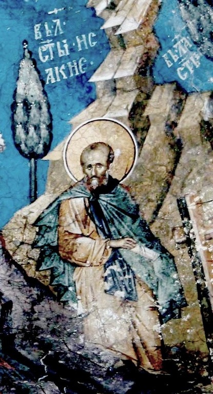 Преподобный Исаакий Далматский. 14 в. Фреска монастыря Высокие Дечаны. Косово и Метохия. Сербия.
