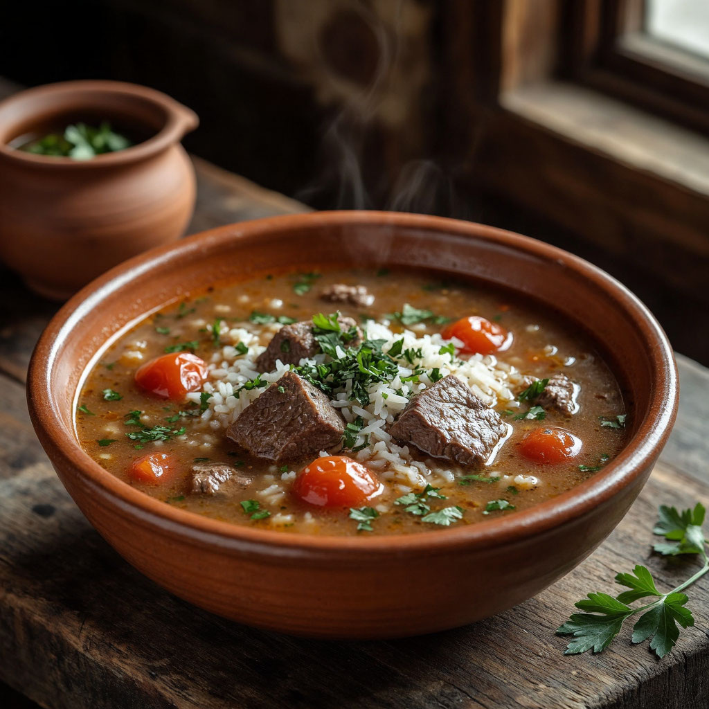 Харчо с говядиной и консервированными помидорами: ароматный грузинский суп 🍲🔥