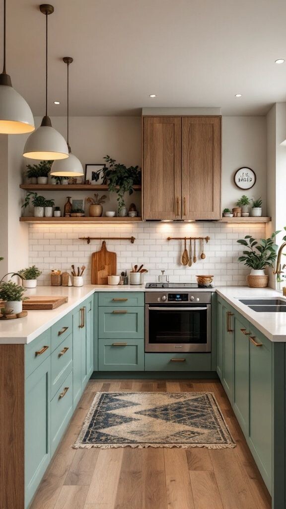 уютная современная кухня в пастельных тонах. Нижние шкафы окрашены в мягкий мятно-зелёный цвет с золотистыми ручками, верхние шкафы выполнены из натурального дерева. Фартук оформлен белой кафельной плиткой в стиле «метро».