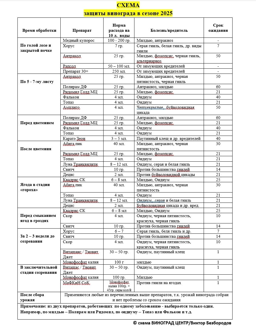 Схема обработки виноградника, которую я использовал в прошлом сезоне  