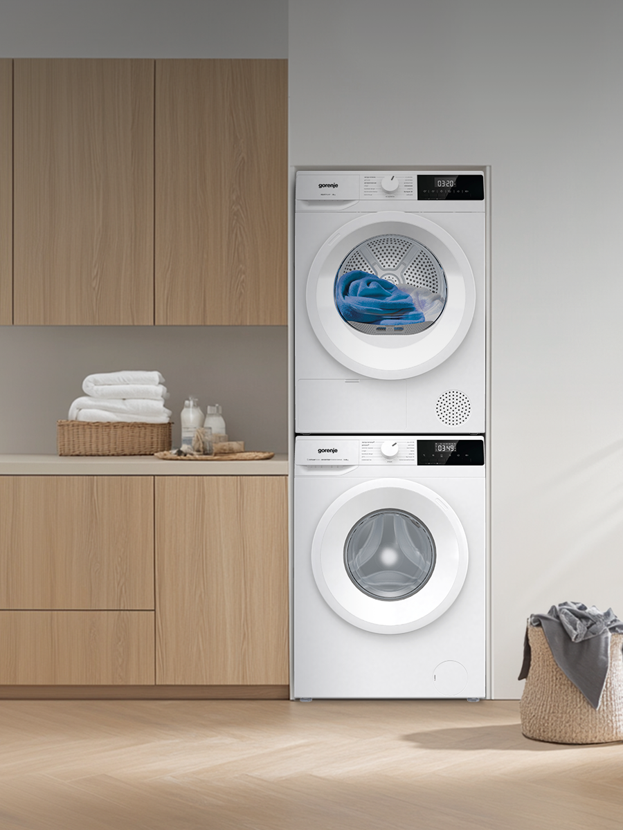Конденсационная сушильная машина Gorenje DHNE82/C с тепловым насосом, А++, Загрузка 8 кг, 15 программ, AntiCrease: защита от сминания, белая
