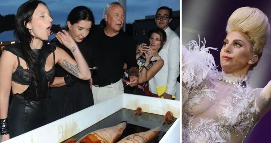 Подружки Гага и Абрамович образца 2013 года на очередной арт-тусовке сатанистов.                    Справа - Леди Гага в роли персонажа из советского к-ф "Морозко".