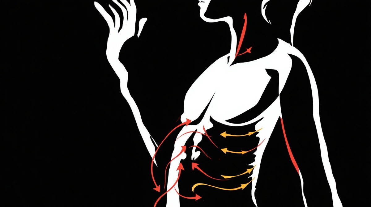 Диафрагмальное дыхание: Вдох через нос, живот поднимается. Выдох через рот, живот опускается. Помогает расслабить мышцы и снизить нагрузку на сердце.