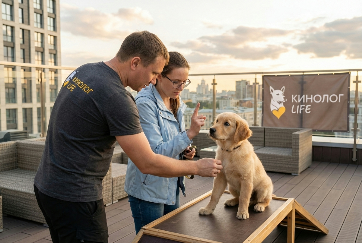 домашняя дрессировка щенка — владелец с лакомством учит щенка команде сидеть в гостиной