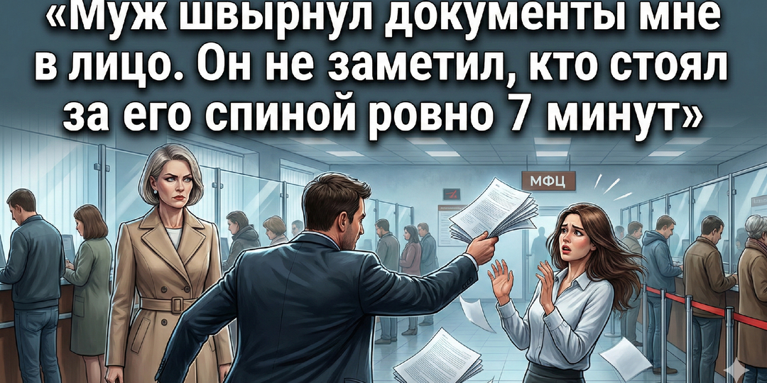 Муж швырнул документы мне в лицо посреди МФЦ: «Ты здесь никто!» Он не заметил, кто стоял за его спиной ровно 7 минут