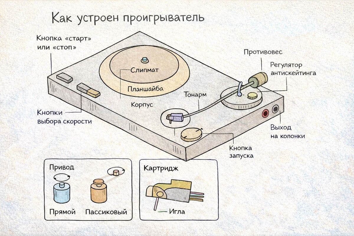 Звук появляется, когда игла движется по дорожке пластинки. Источник: нейросеть📷
