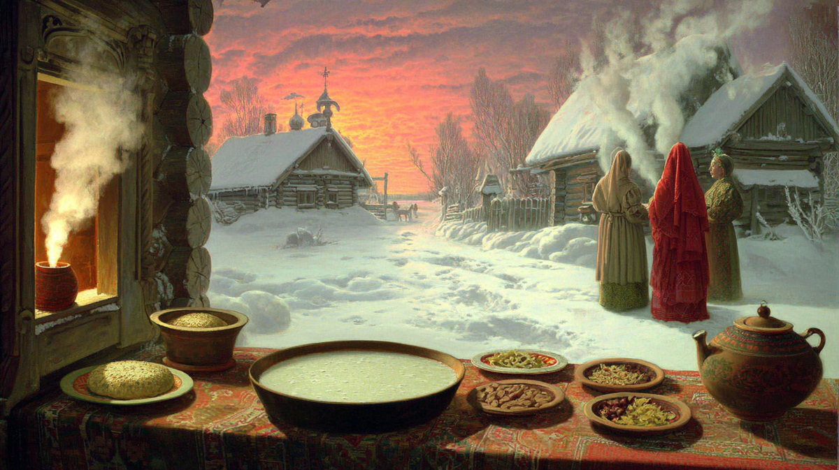 Тихое зимнее утро в русской деревне. Женщины у огня готовят молочные дары — всё вокруг наполнено предвкушением чуда. Как будто сама природа затаилась в ожидании.