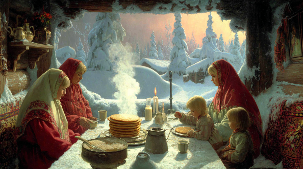 В уюте деревянной избы вся семья собралась за столом. Это не просто трапеза, а волшебный пир, где каждый укус — часть древнего обряда.