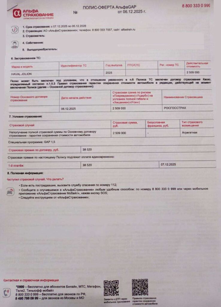 Полис-оферта АльфаGAP от АО "АльфаСтрахование"