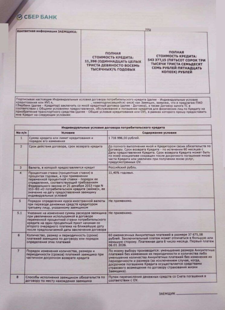 Кредитный договор в ПАО "Сбербанк"