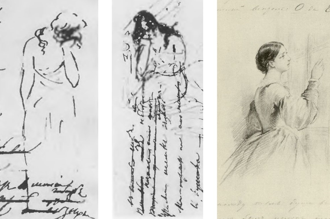 Рис. Татьяна Ларина. Слева и в центре рисунки А.С. Пушкина в черновиках третьей главы, 1824. Справа – иллюстрация академика Соколова [Соколов, П.П. Иллюстрированный альбом к роману «Евгений Онегин» А.С. Пушкина. 48 неизданных рисунков академика Павла Петровича Соколова. 1855–1860. М.: Фототип. К.А. Фишер; изд. В.Г. Готье, 1892. [6] с., 40 л. ил. 28×37 см]