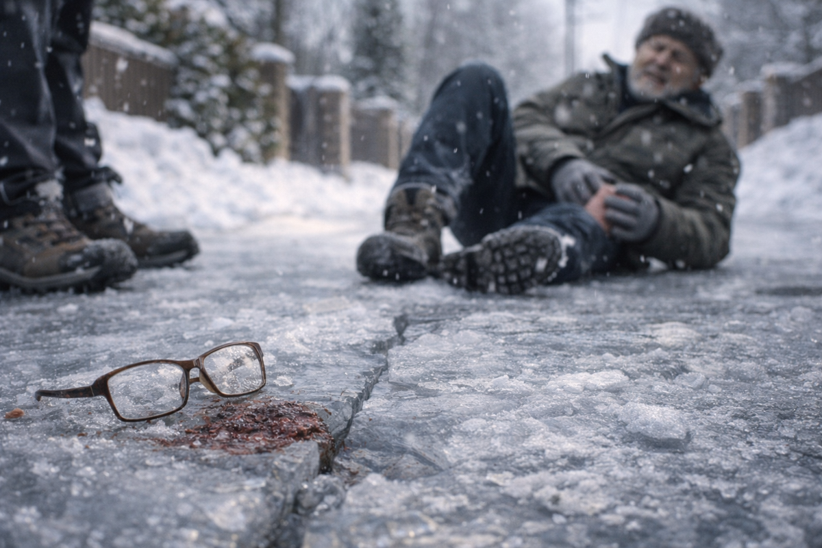 Опасности зимнего льда на фоне снега