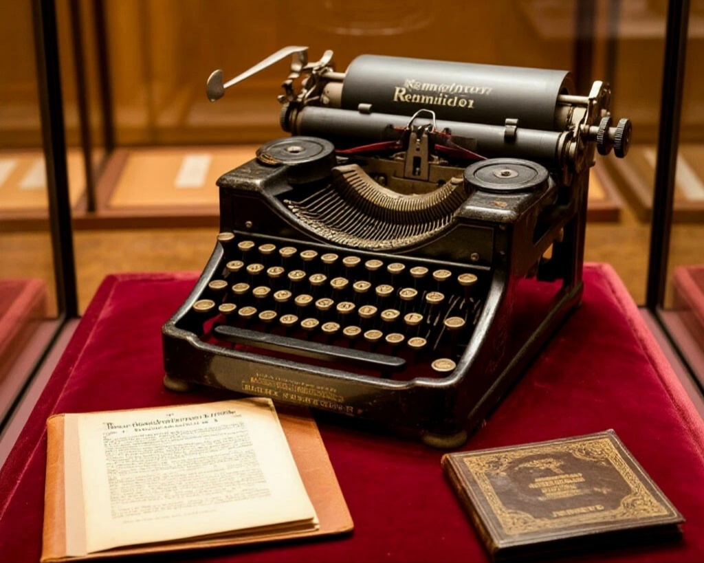 Музейный экспонат, печатная машинка "Ремингтон" и патент на ее изобретение
