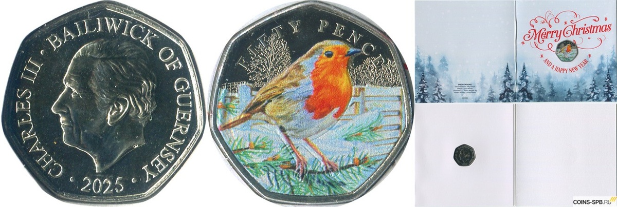 Гернси 50 пенсов 2025 — Карл III. Памятный выпуск: Рождество 2025 года. Серия: Рождественские малиновки — малиновка на ели. Цветная эмаль. Интернет-магазин COINS-SPB.RU