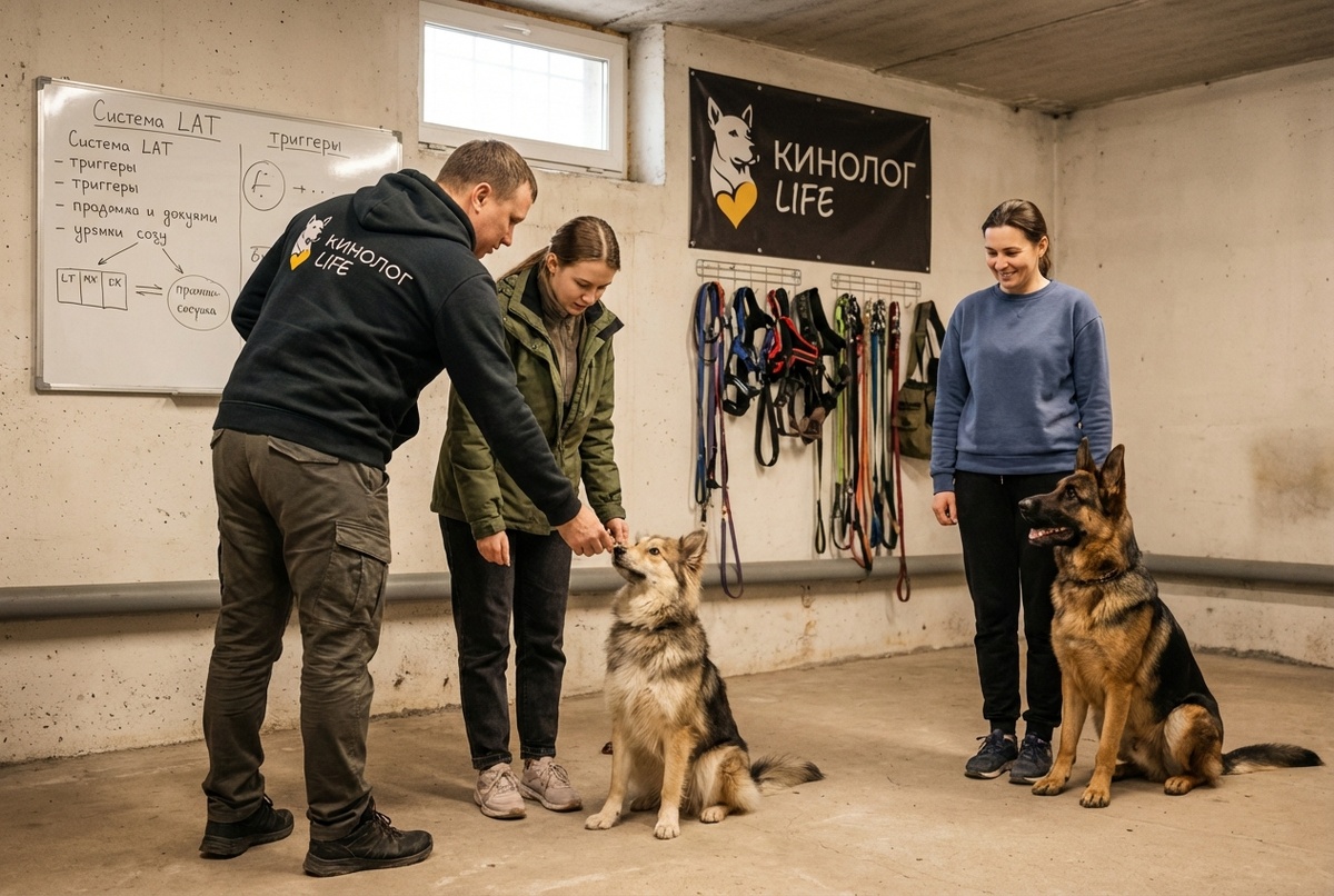 методы дрессировки собак — кинолог демонстрирует систему LAT с реактивной собакой на прогулке