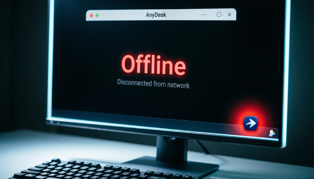 Главное окно AnyDesk с ошибкой «Отключён от сети». Красный значок в трее — первый звоночек, что программа потеряла связь с серверами.