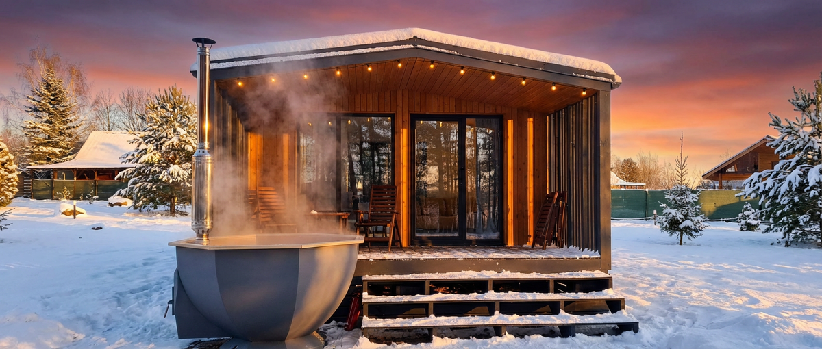 Зимний домик у воды, тёплый свет в окнах и пар над чаном