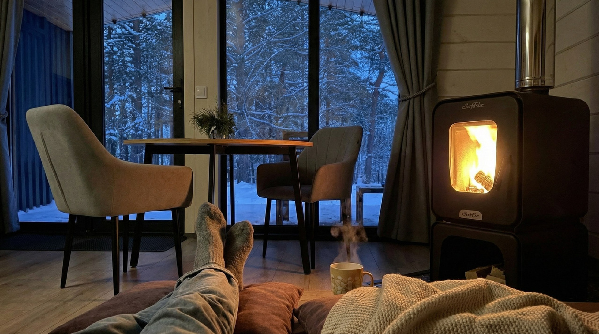 Уютный интерьер с камином и видом на зимний лес