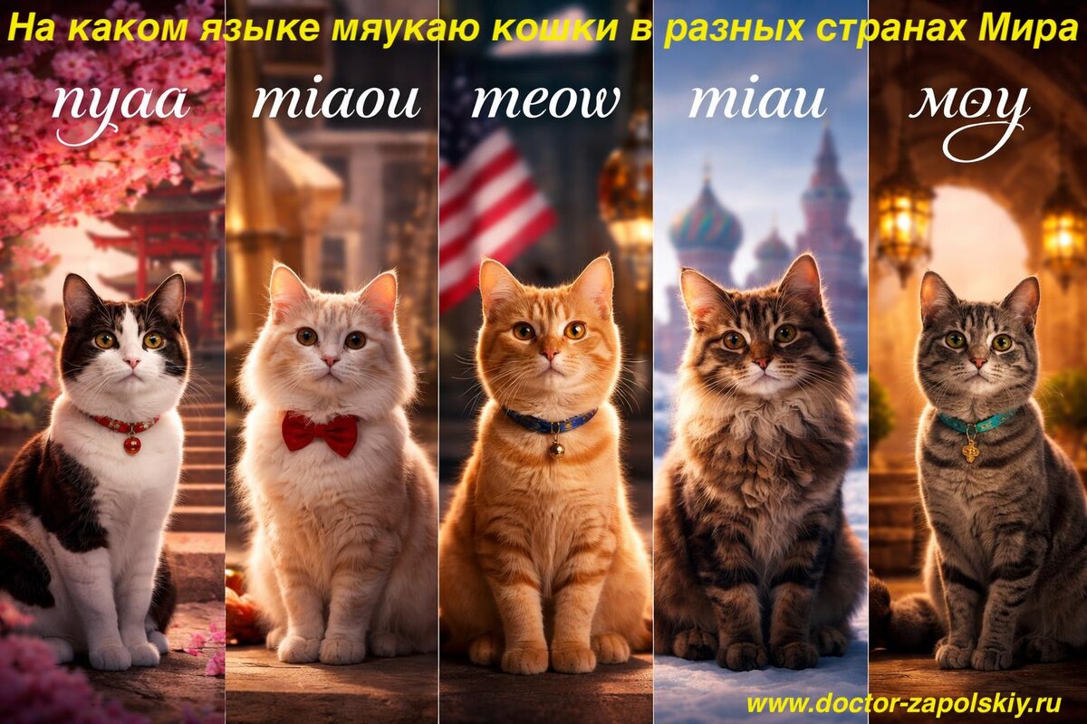 Язык у кошек, кончено же, один - кошачий. Но в силу языковых особенностей людей из разных стран их мяукание слышится по-разному.