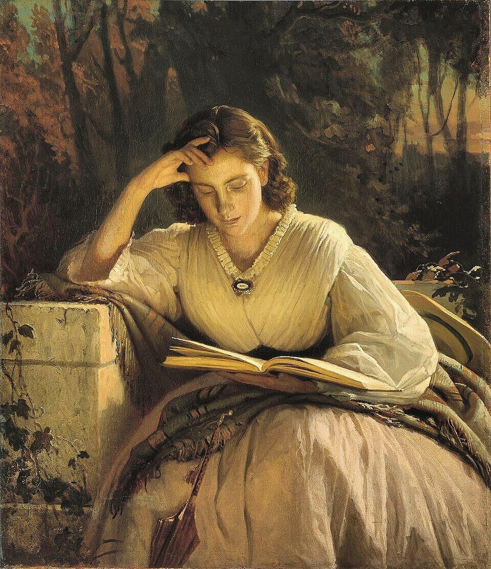 Крамской И. Н. "За чтением. Портрет С.Н. Крамской". Не ранее 1866 Холст, масло. 64,5 × 56 см. Третьяковская галерея