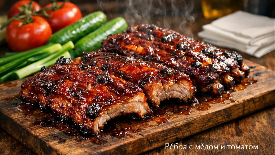 Свиные рёбра в соусе из томатной пасты и мёда: карамелизирую в духовке 1,5 часа