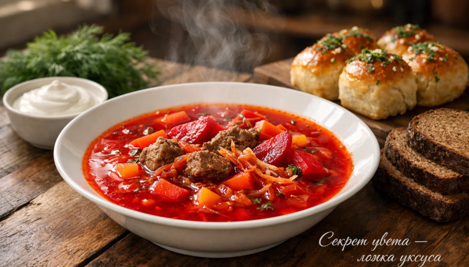 Свекровь научила добавлять в борщ ложку уксуса в конце варки — цвет остаётся ярко-красным