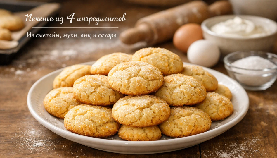 Всего 4 ингредиента: сметана, мука, яйца и сахар — а печенье получается хрустящим и рассыпчатым