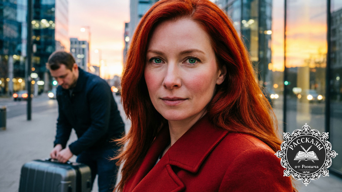 Торжествующая женщина в красном пальто на фоне уходящего мужа после раскрытия семейной аферы