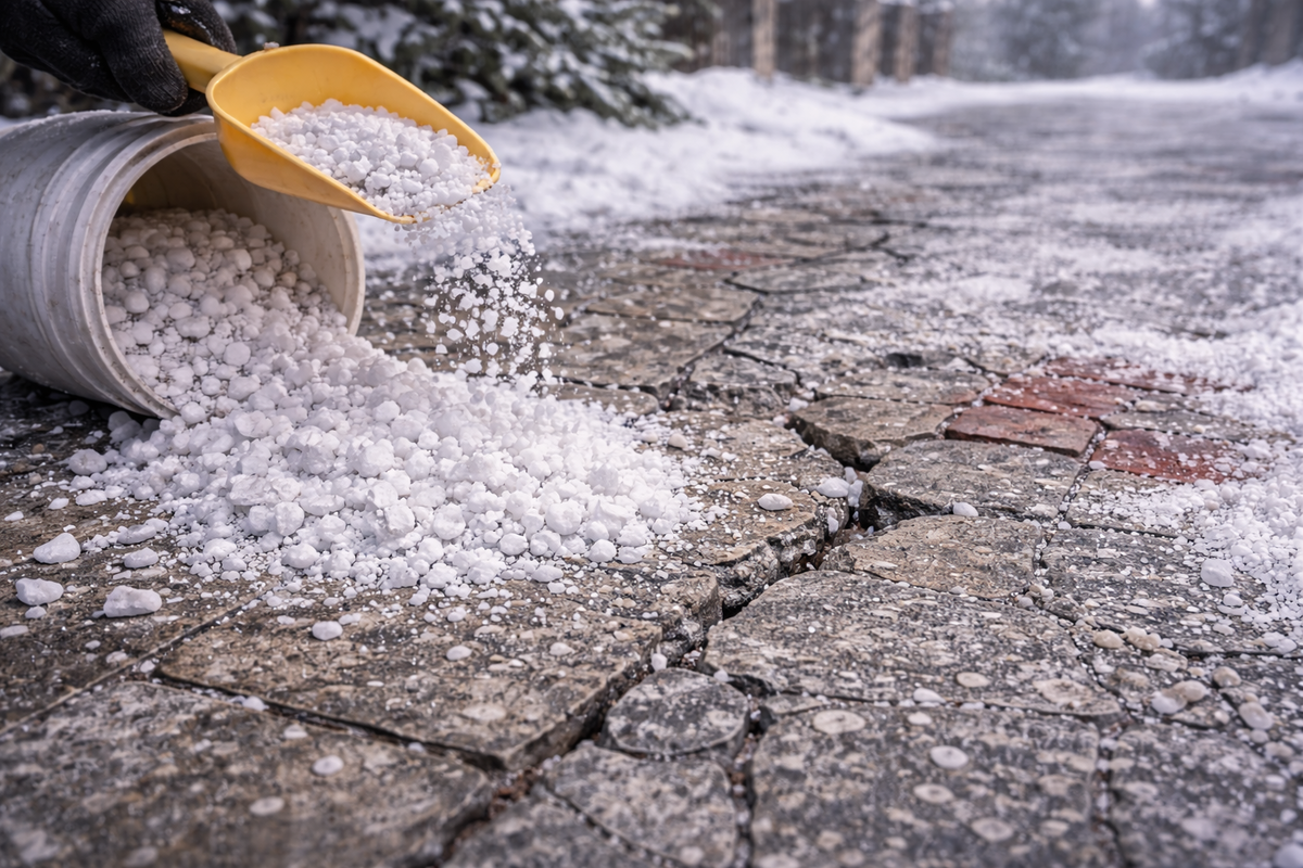 Рассипанная соль на повреждённой дорожке