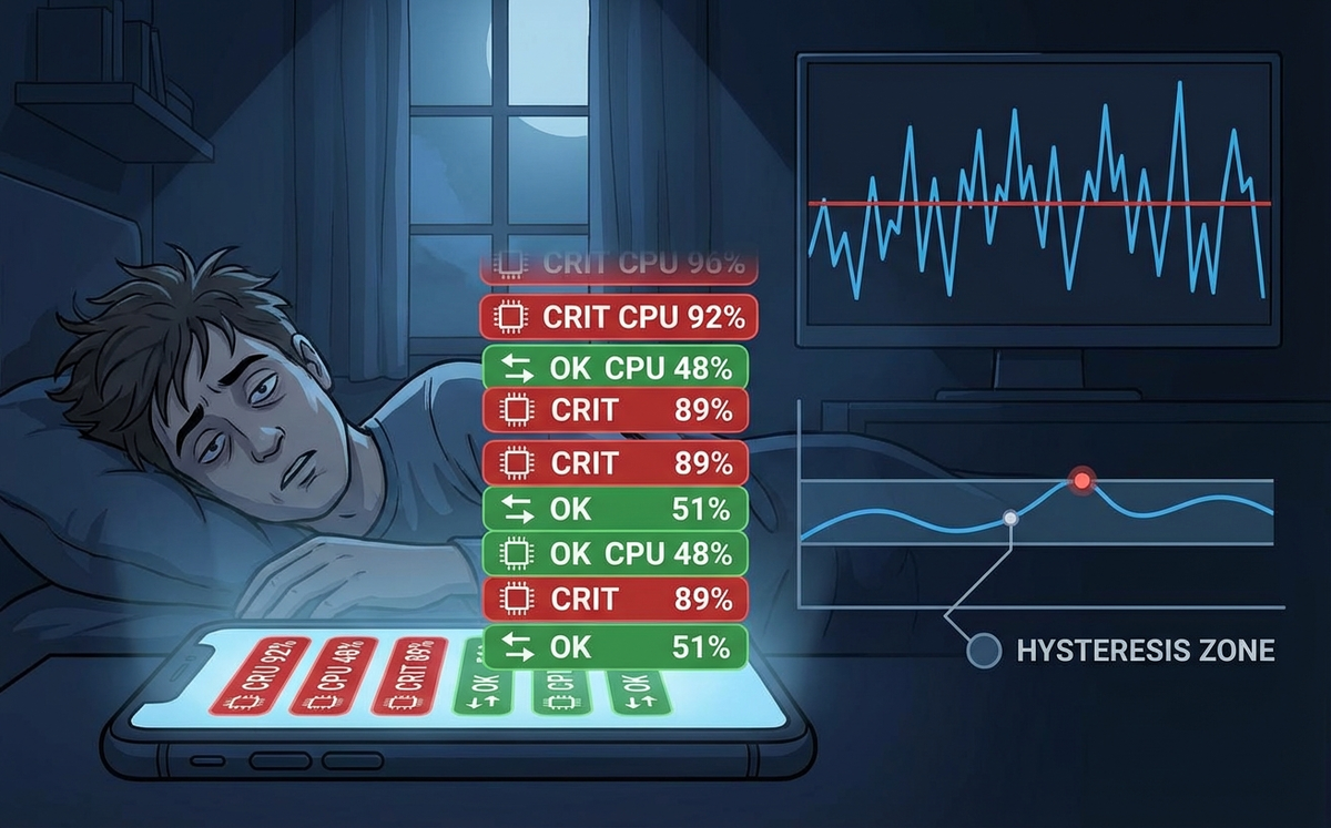 Кейс: 2:43 ночи. Телефон вибрирует. Открываю — «CRIT: CPU на веб-сервере 92%». Пока тер глаза, пришло еще 3 сообщения. «OK: CPU 48%», снова «CRIT: 89%», «OK: 51%». Утром смотришь историю — сервер даже не крякнул. Просто процесс сбора метрик совпал с пиком.