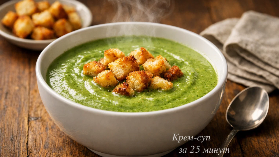 25 минут — и на столе горячий крем-суп из замороженной брокколи со сливками и сухариками