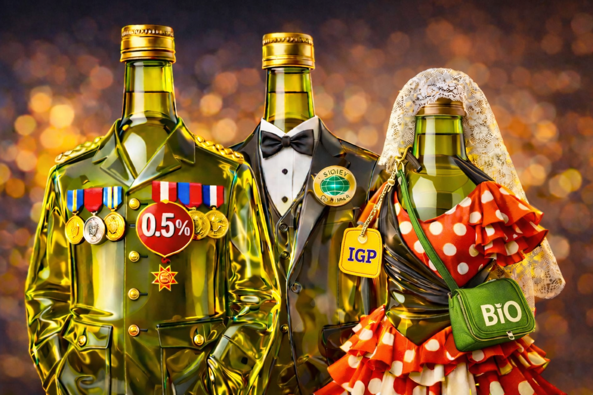 Ироническое изображение бутылок с оливковым маслом "одетых" в костюмы со знаками отличия которые часто используют на этикетках.